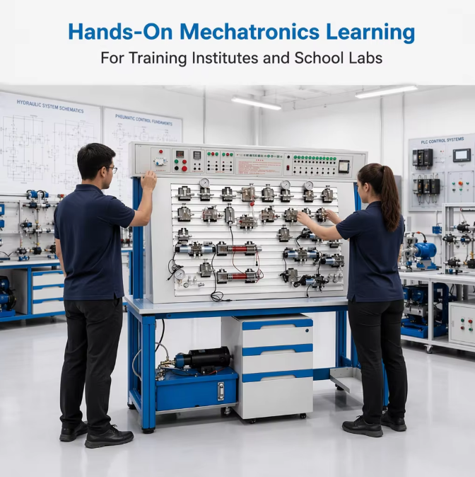 Comprehensive Hydraulic and Pneumatic PLC Control Integrated Training Device, Industrial-Grade Mechatronics Training Equipment with Safety Protection for Automation Lab Teaching
